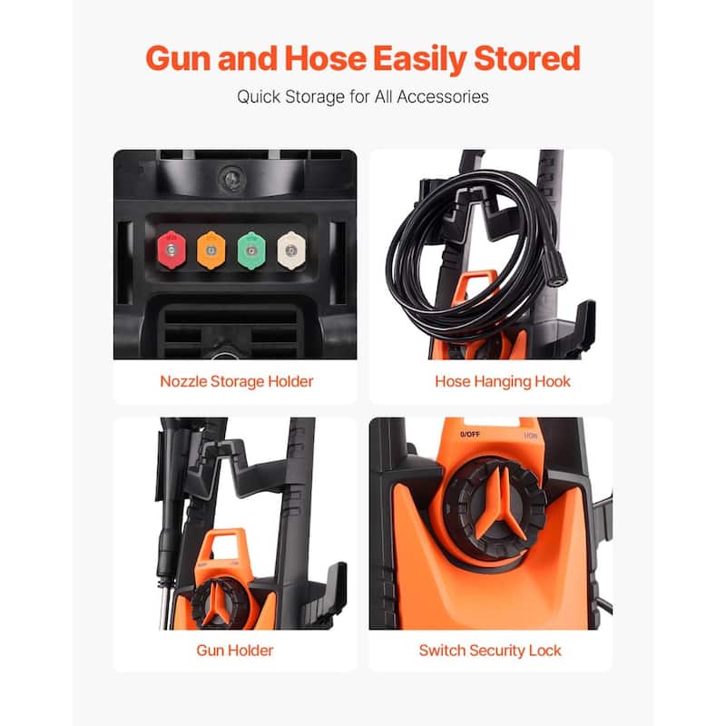 High Power Electric Pressure Washer 1900W 1500PSI 1.2GPM with 4 Nozzles Foam Cannon and 26ft Hose - 11.02 x 9.84 x 29.53 inch