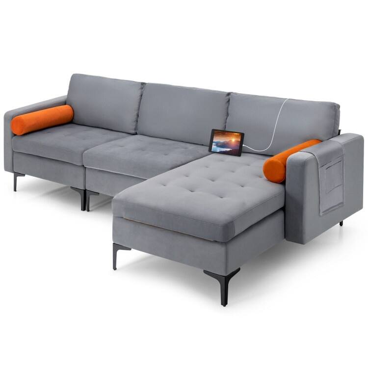 Modular L-shaped 3-Seat Sectional Sofa with Reversible Chaise and 2 USB Ports - 97" x 51" x 31.5" (L x W x H)