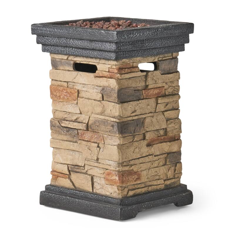 Roomfitters Outdoor Gas Fire Pit with Realistic Stone-Look Magnesium Oxide Column, Weather-Resistant Patio Heater, Beige