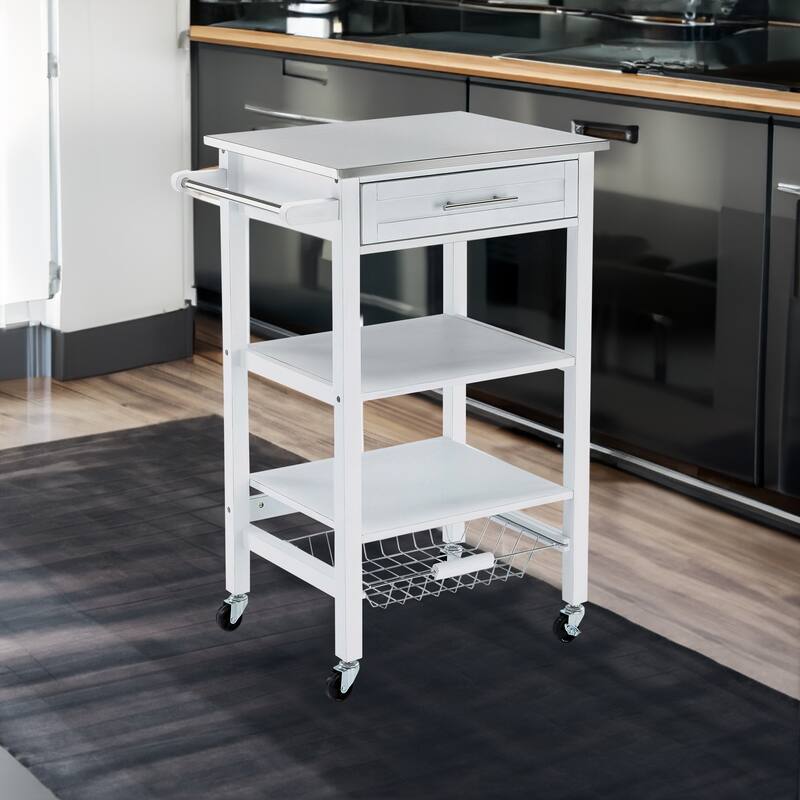 Kitchen Cart with 2 Wooden Shelves and 1 Drawer, White