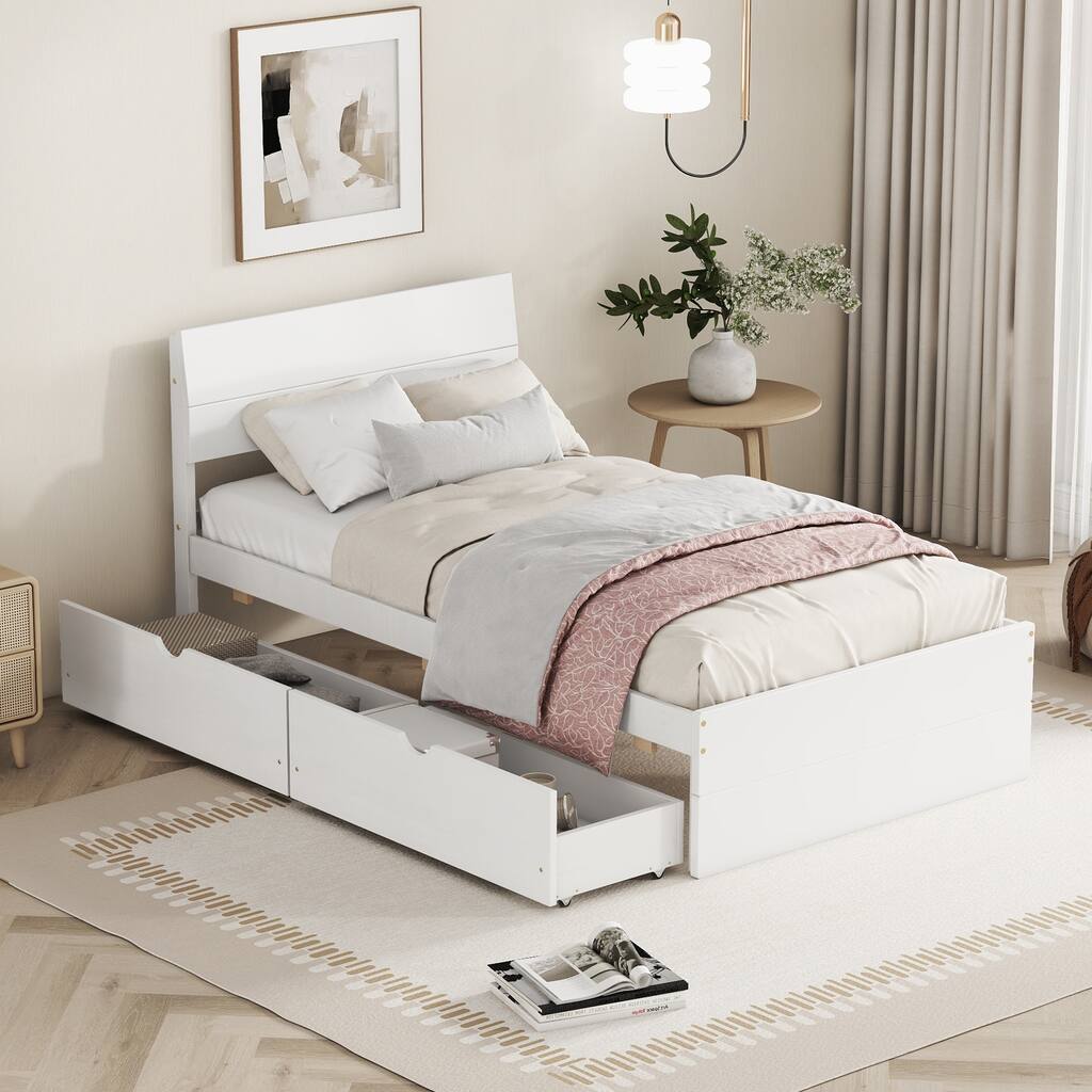 Creamy White,White Modern Twin Size Platform Bed with 2 Drawers,High Gloss Headboard and Footboard