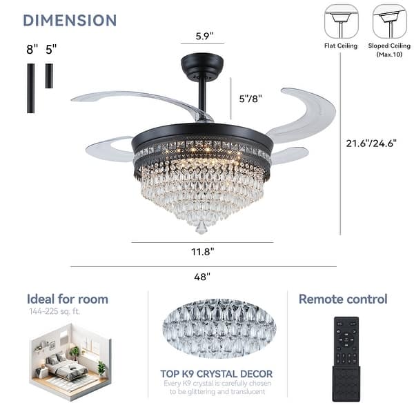 dimension image slide 0 of 6, 48-Inch Crystal Fandelier with 4 Retractable Blades, Dimmable LED, App and Remote Control - 48 Inches