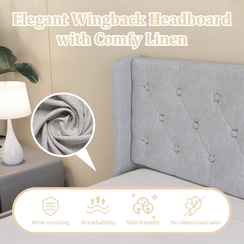 Queen Size Bed Frame with 4 Storage Drawers and Wing back Headboard, Button Tufted Design