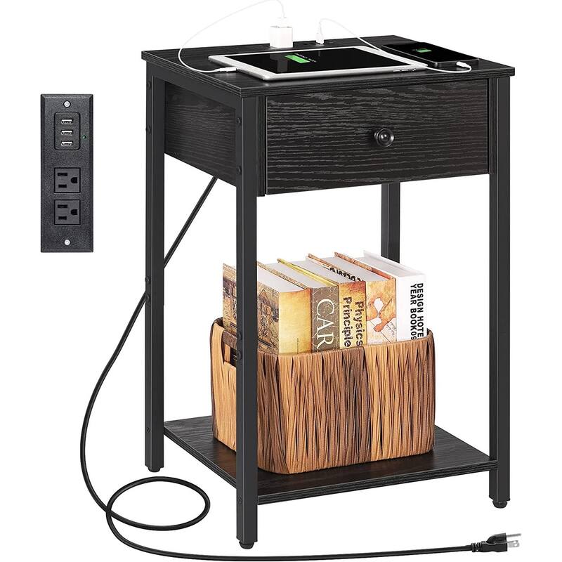 Nightstand with USB Ports and Power Outlets - 1 PCS - Black