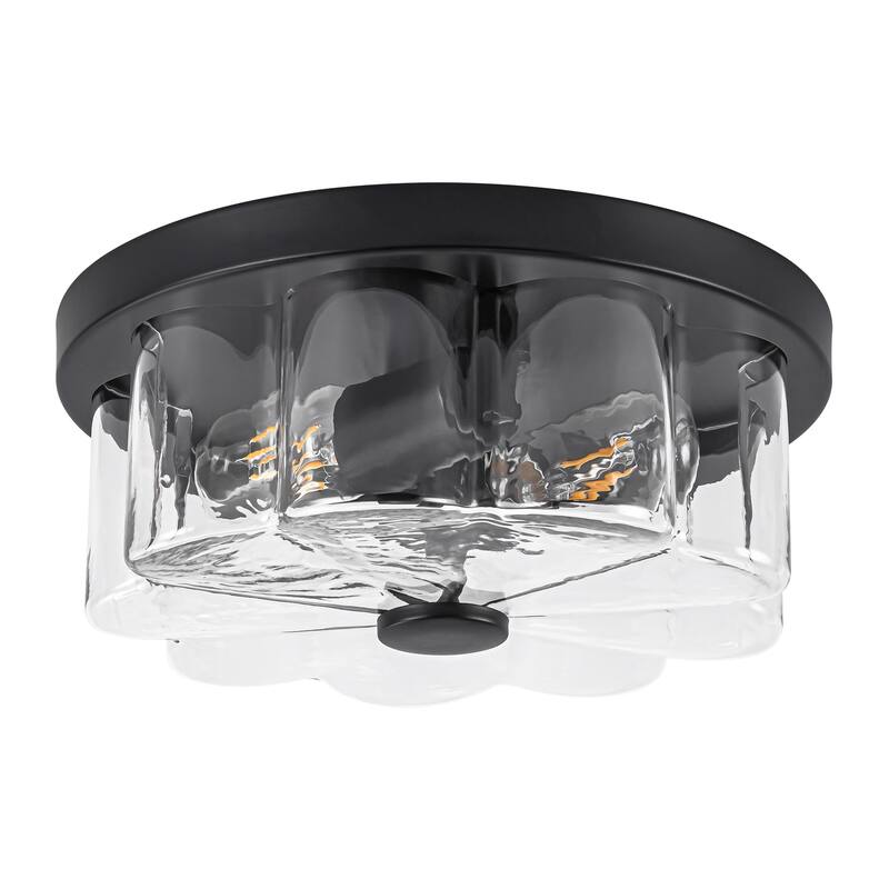 2-light Modern Farmhouse Matte Black Flush Mount Ceiling Light with Clear Flower-Shaped Glass Shade