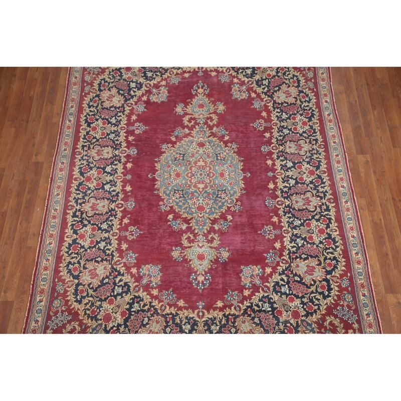 Hand Knotted Oriental 100% Wool Carpet Traditional Floral Pink Kerman Area Rug - 9' 8'' X 6' 8''