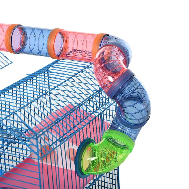PawHut 5 Tiers Hamster Cage Animal Travel Carrier Habitat with Exercise Wheels Tube Water Bottle Dishes House Ladder - Multi
