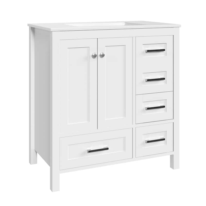 EROMMY All-in-One Bathroom Vanity with Ceramic Sink, Soft-Close Storage Cabinet & Drawer, Glossy Countertop, White