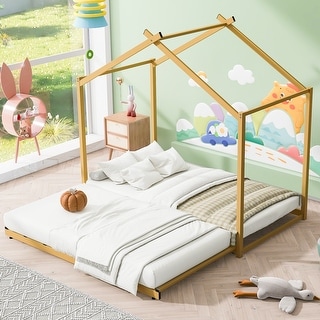 Twin Size Metal House Platform Bed with Trundle, Roof for Kids, Boys and Girls