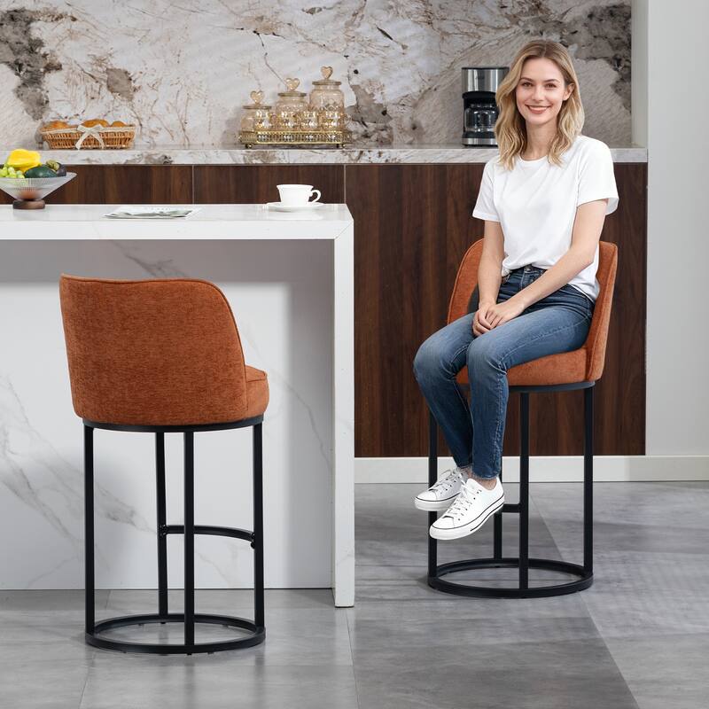 Counter Height Bar Stools Set of 2, Modern Barrel Counter Stools with Backrest, Linen Fabric Upholstered Accent Bar Stools