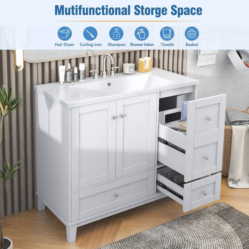 Contemporary 36-Inch Bathroom Vanity with USB Charging, Resin Sink, and Ample Storage