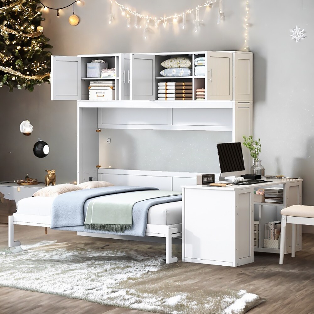 Queen Size Wall Mounted Murphy Bed Space Saving Cabinet Bed with Desk and Storage Shelves Big Cabinets Bed Bath Beyond 42386835