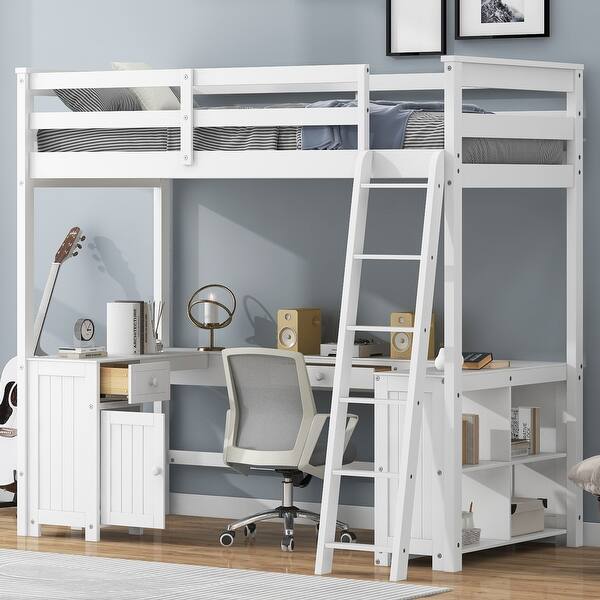 slide 2 of 34, Minimalist Modern Style Twin Size Loft Bed with Sloping Ladder,U-shaped Desk and Storage Shelves Under-Bed,Sturdy Wood Frame White
