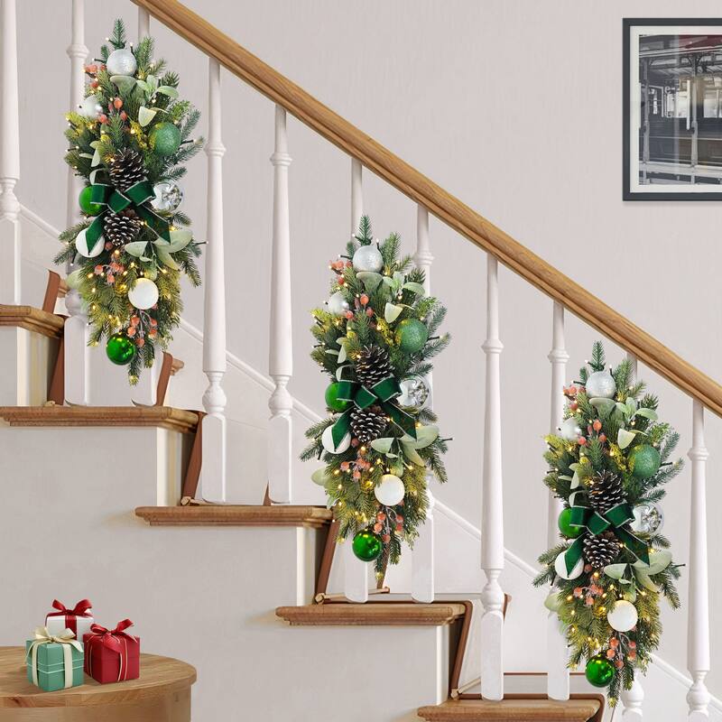 Puleo International 28" Pre-Lit Battery-Operated Adorned Banister Swag - Green