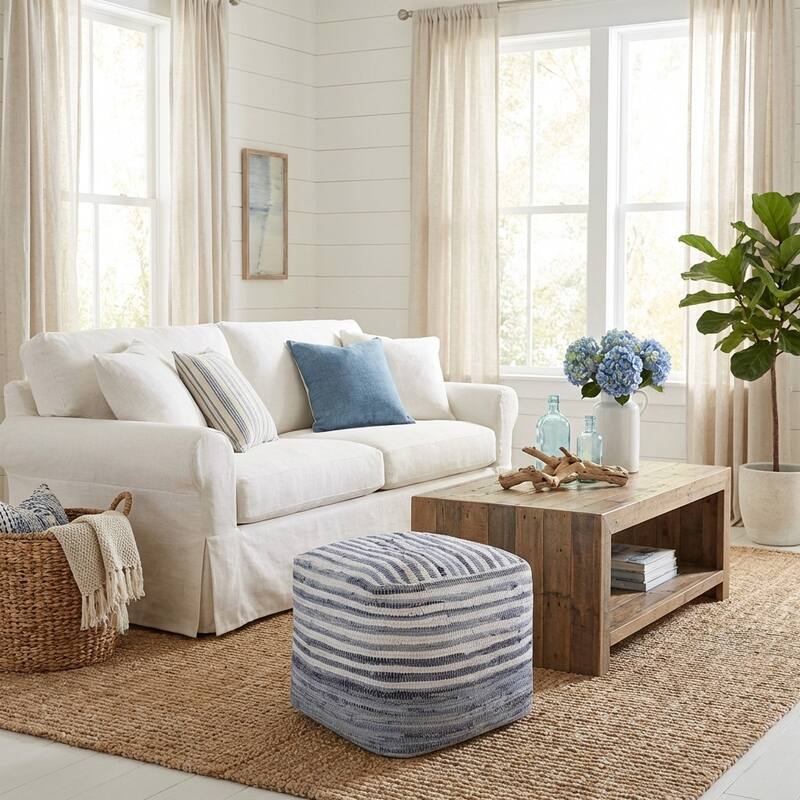 Sevita Allen Navy Blue/White Striped Cotton Cube Pouf