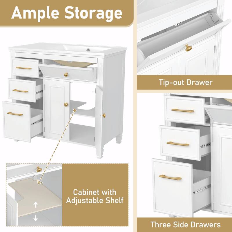 36" Bathroom Vanity with Sink, Ceramic Sink, One Tip-out Drawer, 3 Side Drawers