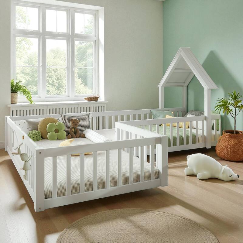 Twin/Full Size House Floor Bed with Door and Guardrails, Double Twin/Full Solid Wood Montessori Bed for Kids