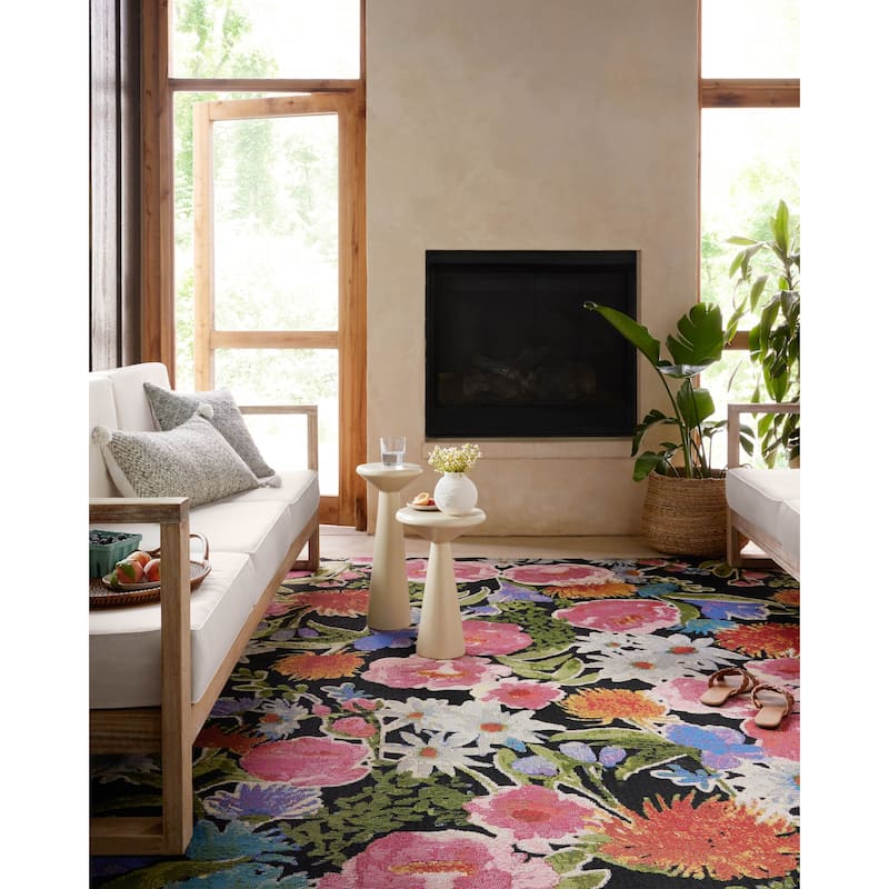 Alexander Home Botanical Garden Indoor / Outdoor Area Rug - 3'-3" x 3'-3" Round - Black / Pink / Blue