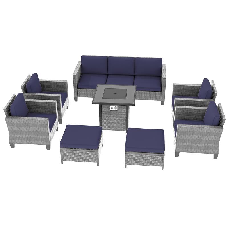 Livoosun 8 Pieces Patio Sofa with 28'' Fire Table Set, PE Wicker, Wide Armrests High Back Sofa Chair Design for Lawn, Patio
