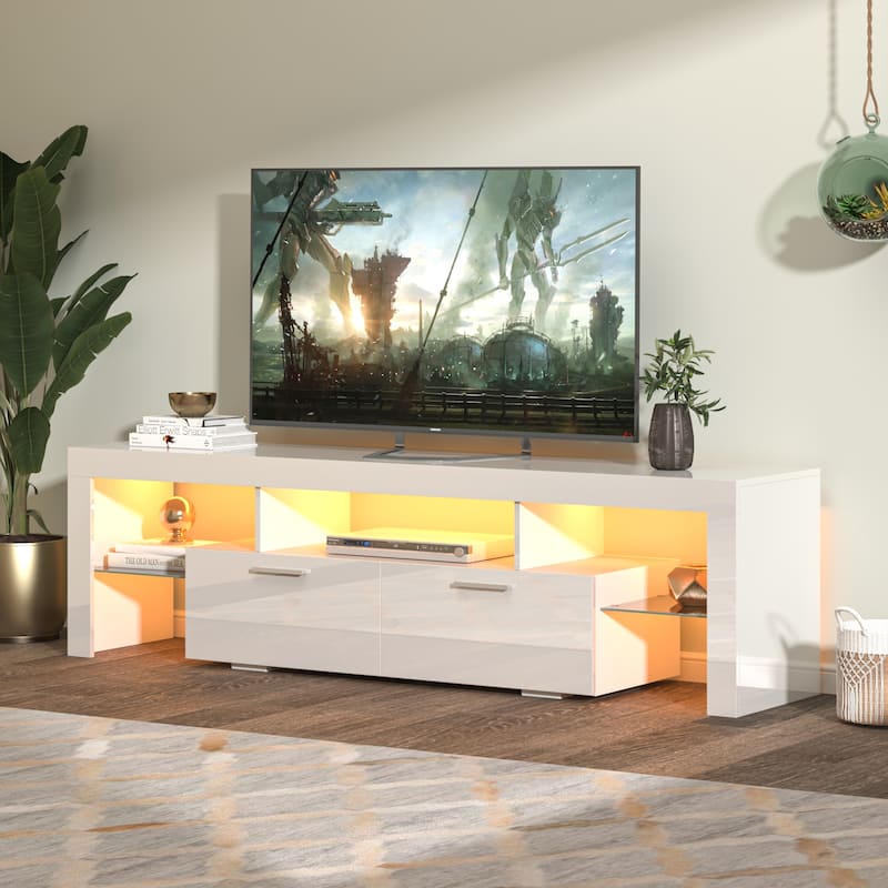 GDF Studio - Modern White Particle Board TV Stand with LED Lights and Toughened Glass Shelf