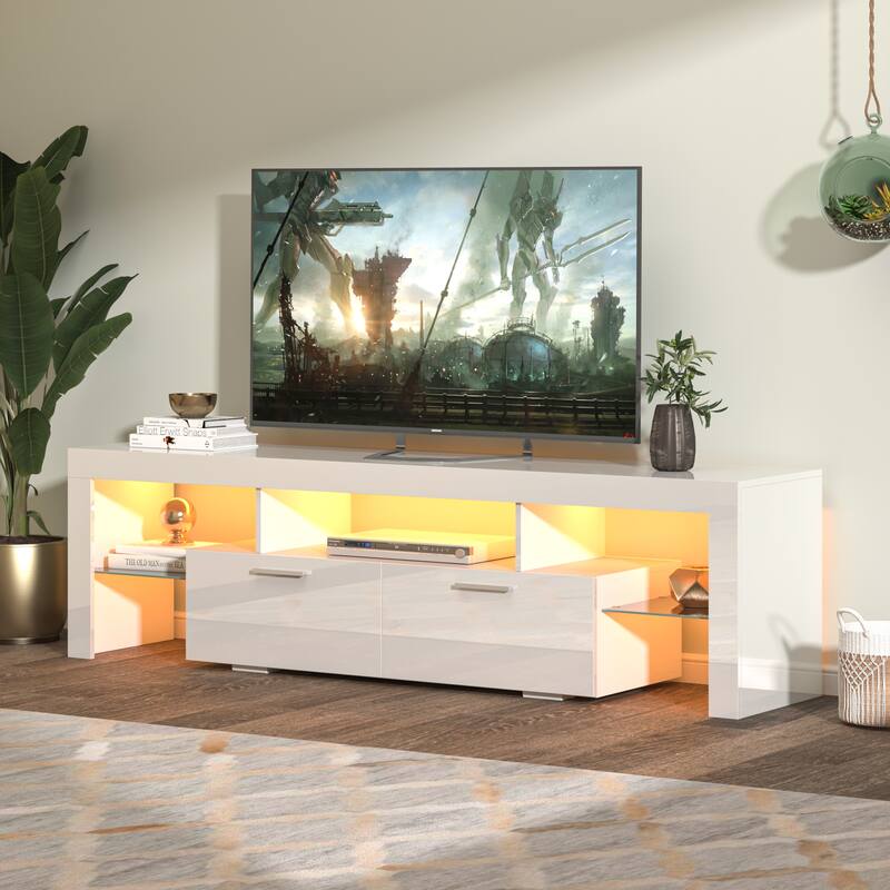 TV Stand Entertainment Center Console with LED Light and Glass Shelf, Metal Handle