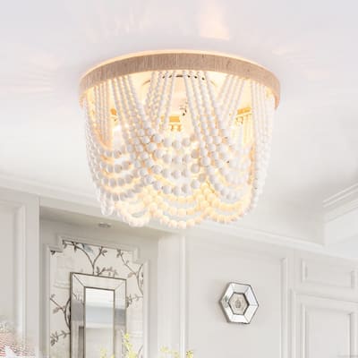 Vintage 3-Light Oak Wood Bead Matte White Bohemia Style Ceiling Lamp