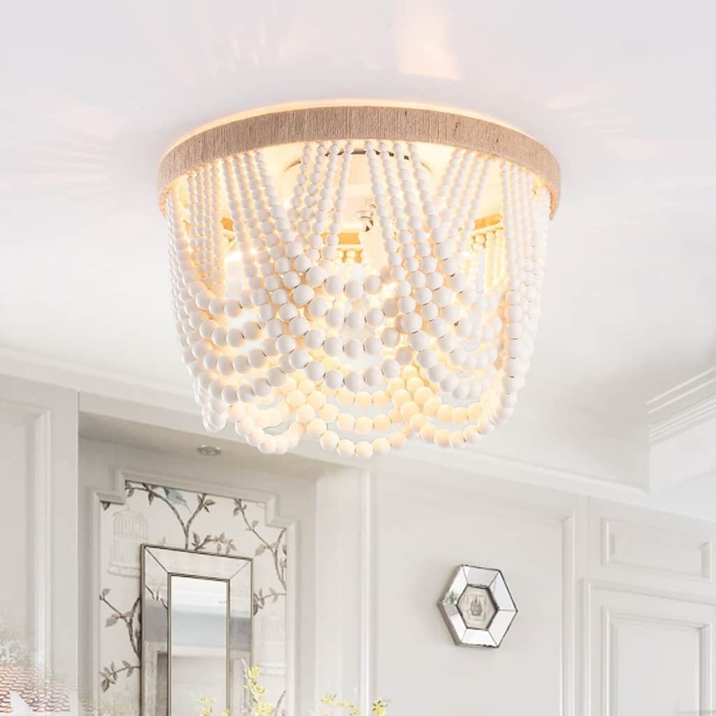 Vintage 3-Light Oak Wood Bead Matte White Bohemia Style Ceiling Lamp