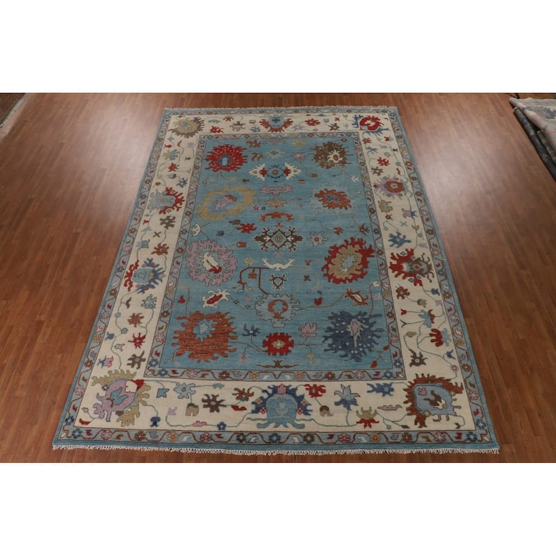 Light Blue Floral Oushak Oriental Large Rug Hand-Knotted Wool Carpet - 10'1" x 13'9"
