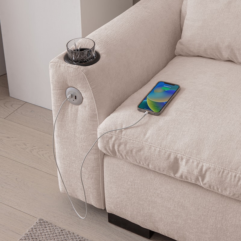 114.5" Modern Modular L Shaped Chenille Sofa with Reversible Ottoman, Storage, USB Ports & Cup Holder, Beige