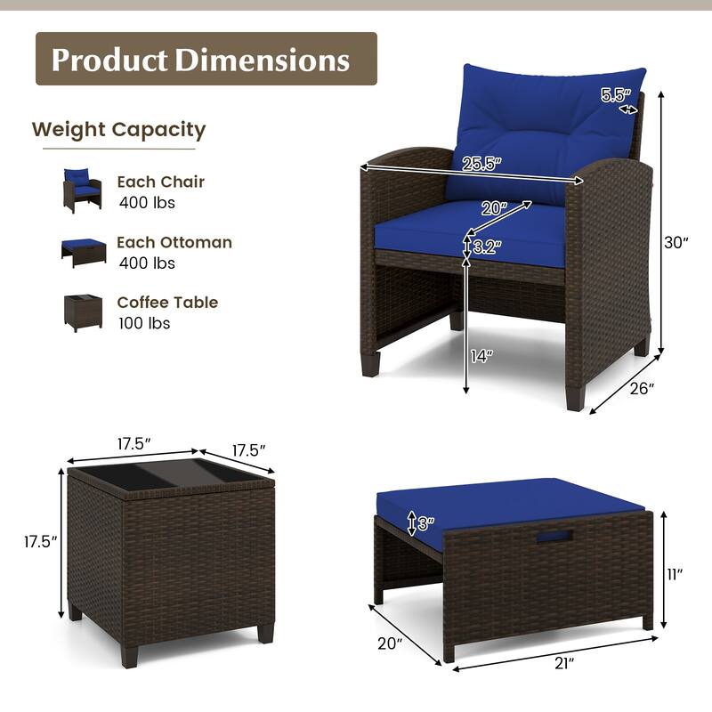 Costway 5 Piece Patio Rattan Furniture with 2 Ottomans & Tempered - See Details