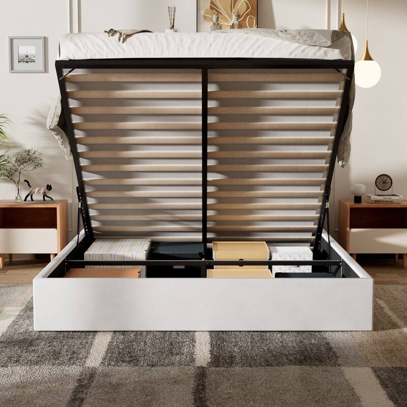 Plywood Frame Upholstered Platform Bed with Lift-up Storage Supported by Metal and Wooden Slats