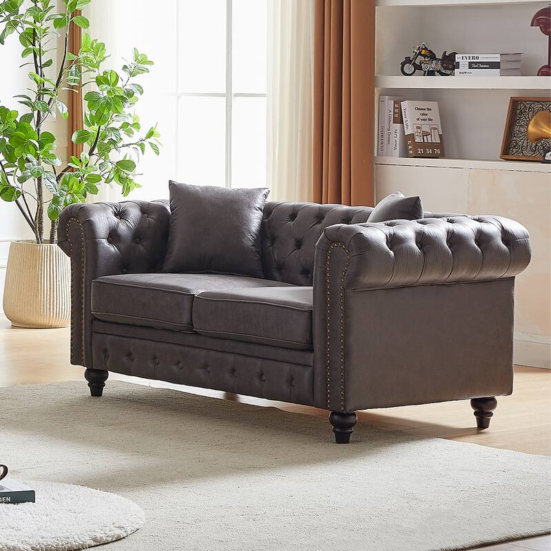 63.5" Contemporary Chesterfield Sofa, Tech Fabric, Button Tufted, 2 Pillows, Grey