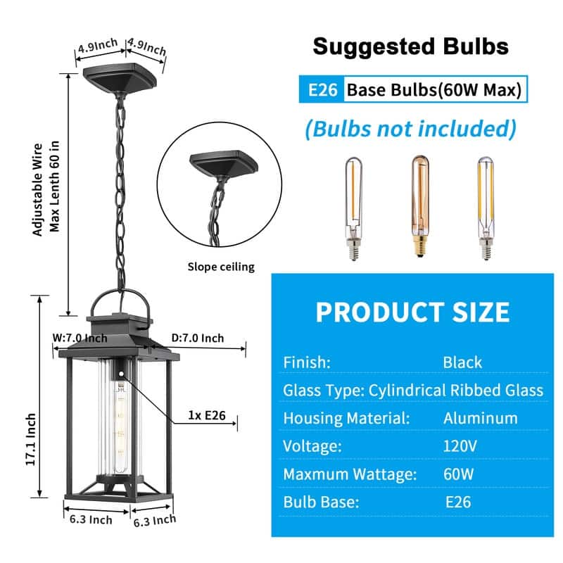 Black Outdoor Pendant Light - Waterproof Hanging Lantern for Porch, Patio & Gazebo, Ribbed Glass (1 Pack)