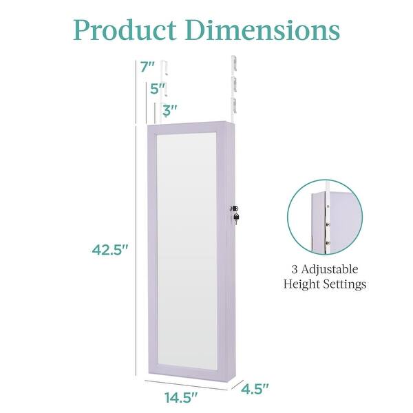 dimension image slide 1 of 6, LED Mirror Jewelry Cabinet, Tall Lockable Wall or Door Mounted Jewelry Armoire Organizer, 2 Drawers, Lock, Cosmetic Tray