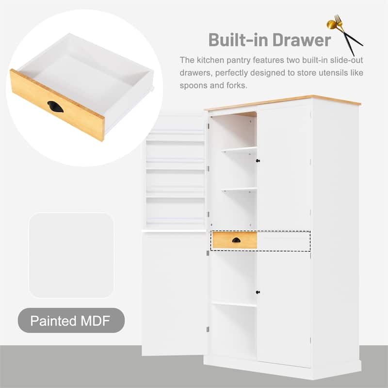 Freestanding Kitchen Pantry w/ Drawer, Adjustable Shelves,Door Shelves
