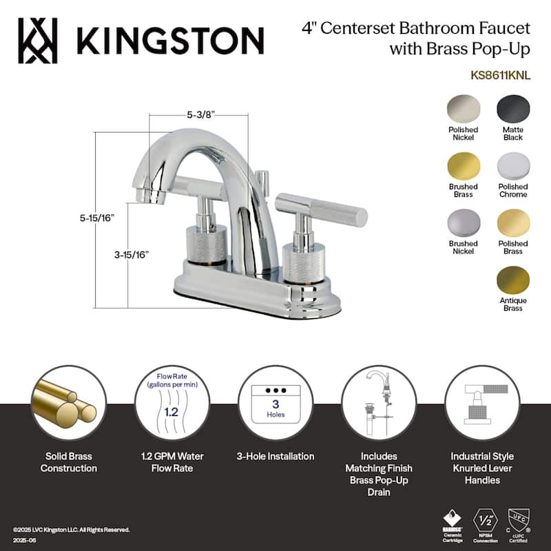 Kingston Brass Convergent Two-Handle 3-Hole Deck Mount 4" Centerset Bathroom Faucet with Knurled Handle and Brass Pop-Up Drain