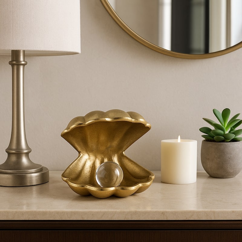 Metal Glass Figurine Clam Shape Pearl Detail Coastal Decor - 4.75"