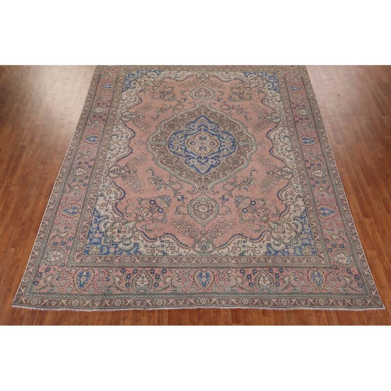 Pink Tabriz Persian Vintage Area Rug Hand-Knotted Wool Carpet - 9'7" x 12'4"