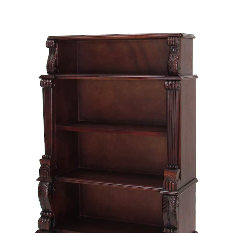 63 Inch Hand Carved Wooden Bookcase with 4 Shelves, Brown