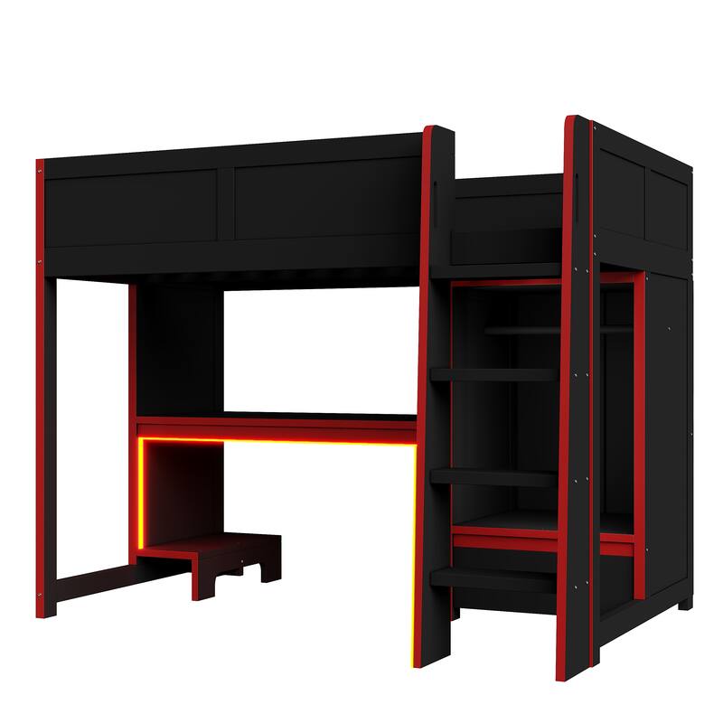 Wood Twin Size Gaming Loft Bed With Built-In Desk, Wardrobe, LED And A Drawer