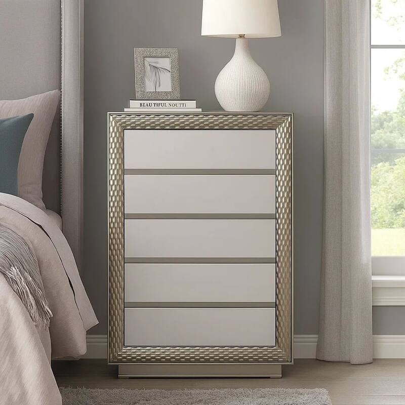 Vino 5 Drawer Tall Dresser Chest, Plinth Base Gray Wood with Silver Trim