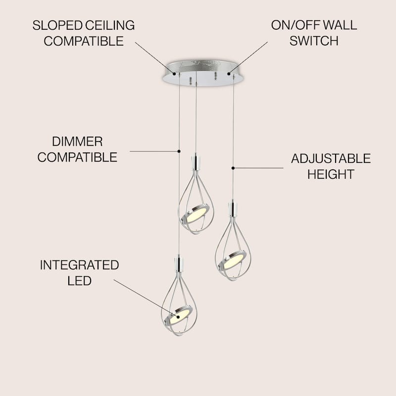 Orion 11.5" 3-Light Adjustable Integrated LED Cluster Pendant, Chrome by JONATHAN Y