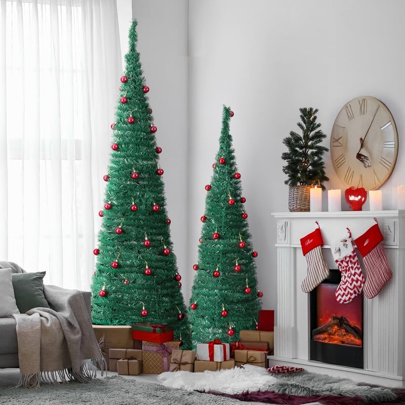 2 Pack, 6FT 5FT Artificial Pop Up Christmas Tree with Red Ball Ornaments for for Home Office Store Holiday Deco, Green - 6 Foot