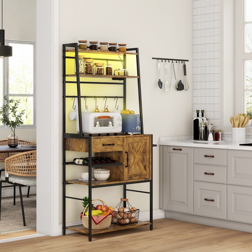 HOMCOM Baker's Rack with Power Outlet and LED Lights, Coffee Bar with Storage Shelves, Industrial Microwave Stand