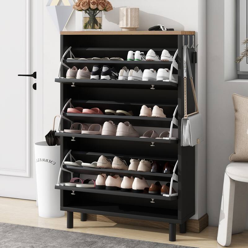 Sleek Narrow Shoe Cabinet with Adjustable Shelves & 3 Flip Drawers, Wood Grain Finish for Entryway Storage - Black