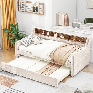Wood Daybed and Trundle, Velvet Twin Size Snowflake Daybed Sofa Bed with Built-in Storage Shelves for Living Room