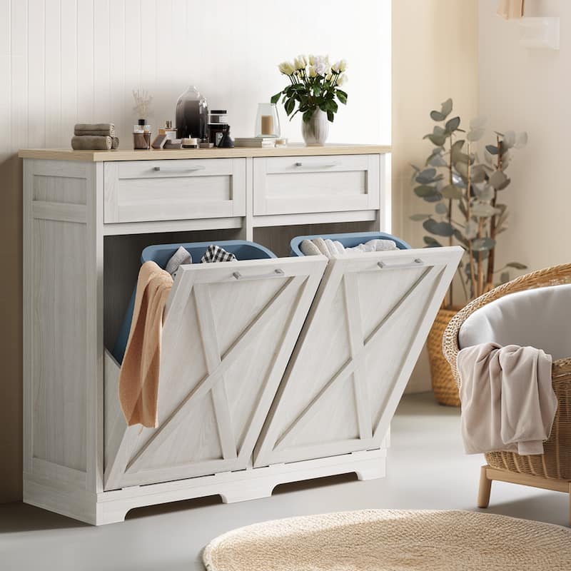 Moasis Kitchen Wooden Double Tilt Out Trash Can Cabinet with 2-Drawer - Oak