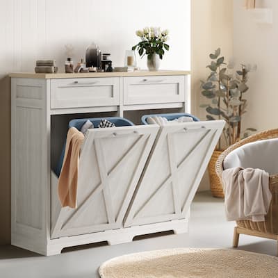 Moasis Kitchen Wooden Double Tilt Out Trash Can Cabinet with 2-Drawer
