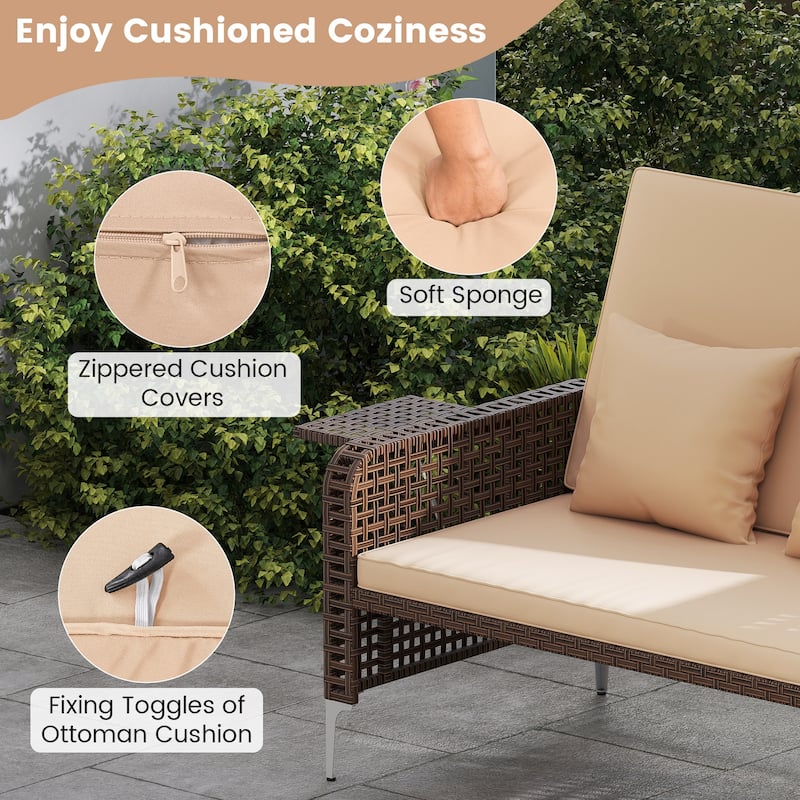 2 Piece Mix Brown Rattan Outdoor Daybed Loveseat and Ottoman Set with Adjustable Backrest - 50” x 48” x 35”