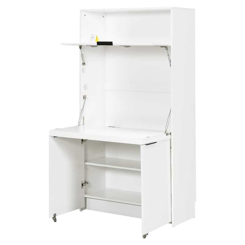 69" Kitchen Pantry Buffet with Hutch, Foldable Workstation & Power Outlet